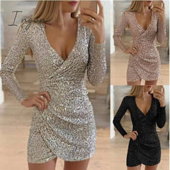 Ingvn - New Sexy Women Dress Sequins Glitter Women V-neck Long Sleeve Self Cultivation Dresses Elegant Ladies Party Dress