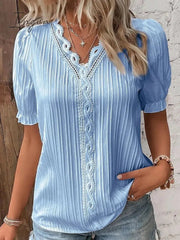 Ingvn - Women's Shirt Blouse yellow-green Violets White Plain Lace Short Sleeve Casual Basic V Neck
