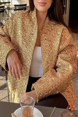 Ingvn - Elegant Solid Sequined Mandarin Collar Outerwear