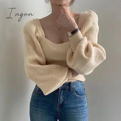 Ingvn - Knitted Women's Sweater Vintage Pullover Long Puff Sleeve Pink Square Neck Top Korean Fashion Style Autumn Winter Clothing