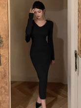 Elegant Solid Knitted Womens Dresses Vintage V-Neck Long Sleeves Evening Party Midi Dress Autumn Female One Piece Vestidos New
