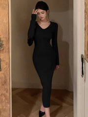 Elegant Solid Knitted Womens Dresses Vintage V-Neck Long Sleeves Evening Party Midi Dress Autumn Female One Piece Vestidos New
