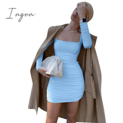 Ingvn - Hot Sale White Long Sleeve Dress For Women Black Vestido de Mujer Robe Femme Autumn Spring Ruched Elegantes Bodycon Dresses