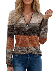 Color Block Quarter Zip T-Shirt, Casual Long Sleeve T-Shirt For Spring & Fall, Women's Clothing