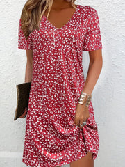 Flattering V Neck Allover Print Dress - Casual Short Sleeve for Spring & Summer - Lightweight, Flowy Womens Clothing for Everyday Chic