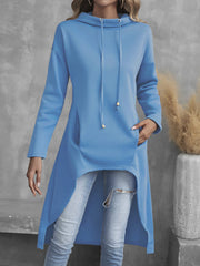 Solid Color Hig-low Hoodie, Casual Long Sleeve Drawstring Hoodie Sweatshirt, Women's Clothing