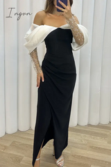 Ingvn - Elegant Solid Slit Fold Off the Shoulder Evening Dress Dresses