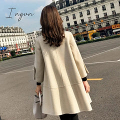 Ingvn - Office Lady Woolen Jacket Women's Middle Long Korean Autumn Winter New Loose Cape Small Thousand Bird Lattice Woolen Coats