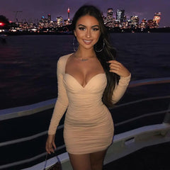 Ingvn - Long Sleeve Mini Dresses Women Basic Party Evening Clubwear Outfits Fall V Neck Sexy Bodycon Dress Short Wrap Streetwear