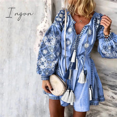 Ingvn - Tassel Sashes Mini Dresses Women Summer Autumn Sexy V-Neck Boho Dress New Bohemian Floral Printed Beach Dress Vestidos