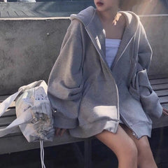 VOGUABLE Women Hoodies Harajuku Korean Version Zip Up Loose Oversized Sweatshirts Casual Solid Color Long Sleeve Hooded Sweatshirt Coats