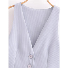 Women Patchwork Striped Temperament Vest Front Button V Neck Sleeveless Waistcoat Spring Summer Chic Tops