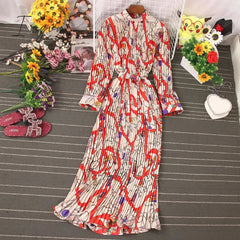 Ingvn - Autumn New Dress Temperament Turtleneck Waist Slim Long Sleeves Lace Up Wild Floral Maxi Vestidos UK016