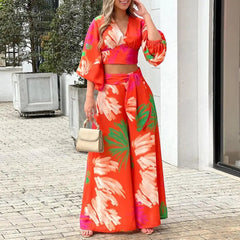Ingvn - Autumn Sweet Printed Women Two Piece Sets Fashion Long Sleeves V Neck Cropped Tops Sexy High Waist Wide Leg Pants Elegant Suits