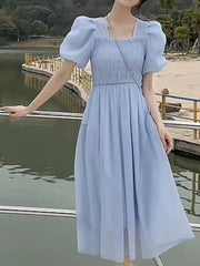 Ingvn - Elegant Dress for Women Ruffles Square Collar Short Sleeve French Style High Waisted A Line Party Midi White Dresses