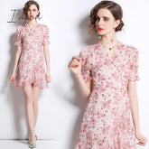 Ingvn - French Gothic Fishtail Floral Summer Dress Women Beach Style Tea Platycodon Grandiflorum Drawstring Hip Dress K6686
