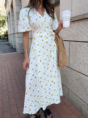 Ingvn Women's V-neck Short Sleeve Floral Printed Cotton Dress Fashion Streetwear High Waist Bandage A-line Long Holiday Dresses