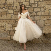 Ingvn - womens fashion Bling Glittter Boho Wedding Dresses For Women Sweetheaart Tulle Point Net Tulle Beach Short Bridal Gown Cheap Civil
