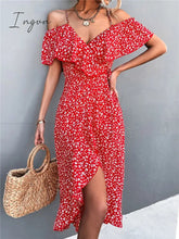 Ingvn - Ladies Spring Summer Sexy Straps Dress Women Green Off Shoulder Ruffles Casual Beach Dresses Female Floral Print Dress