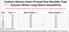 Ingvn - Women's Pullover Sweatshirt Heart Printed Long Sleeve One Shoulder Tops Autumn Winter Sweat Shirts Woman Casual Top