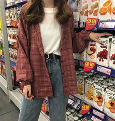 Ingvn - New Woman Vent Vintage Plaid Shirt Single Breasted Turn down Collar Cotton Long Sleeve Button Feminina Sales T8D512Z