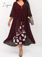 Ingvn - Women's Plus Size Curve Work Dress Floral V Neck Ruched 3/4 Length Sleeve Spring Summer Work Elegant Midi Dress Layered Formal Vacation Dress