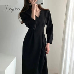 Ingvn - Spring Autumn Women Solid Black Elegant Office Lady V Neck Fashion Long Korea Chic Dress