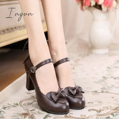 Ingvn - Japanese Lolita round head student cute heart bow jk high heel shoes Bowknot Princess Kawaii Girl Women Shoes cos Vintage Sweet