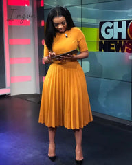 Ingvn - African Style Women Casual Belted Pleated Dress Elegant Chic Office Lady A-Line High Waist Dress Autumn Winter Fashion