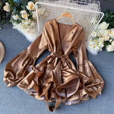 Ingvn - White Party Evening Dress for New Year Women Satin Silk Mini Long Lantern Sleeve Elegant Short Casual Dresses
