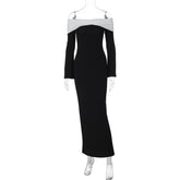 Patchwork Off-shoulder Sexy Maxi Dress For Women Fashion Strapless Long Sleeve Backless Bodycon Club Party Dress