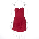 Off-shoulder Backless Sexy Mini Dress For Women Red Strapless Sleeveless Lace-up Ruched Bodycon Club Dress Elegant