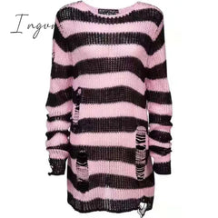 Ingvn - Halloween 200 Gothic Knitted Sweater Women Long Pullovers Striped Loose Winter Ripped Plus Size Sweaters Jumpers Mujer Jersey
