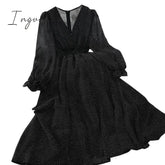 Ingvn - New Autumn V Neck Polka Dot Slim Chiffon Dress Button Puff Sleeve High Waist Elegant Women Mid-calf Dress