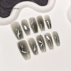 10Pcs Black Handmade Press On Nails Coffin Fake Nails Full Cover Gradient Metal Contrast Artificial Manicure Wearable Nail Tips