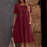 Summer European and American Station Retro Loose Pocket Solid Color Crewneck Women's Cotton and Linen dress