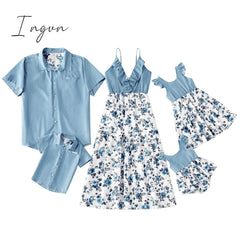 Ingvn - Trends Summer And Spring Mosaic Cotton Family Matching Floral Sets Flounce Dresses And Denim Tops Short Long Sleeve Family Look
