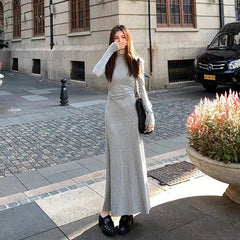 Autumn Half Turtleneck Dress Women Korean Elegant Black Hepburn Style Midi Dress Y2K High Waist Long Sleeve Warm A Line Vestidos
