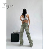 Ingvn - Women's Green Jeans Vintage Washed Multiple Pockets Wide Leg Pants Casual Street High Waist Baggy Denim Trouser Ladies Summer