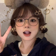 INGVN Korea Round Tea Glasses Frame Women No Makeup Fashion Anti-blue Glasses Men Contrasting Cute Decorative Glasses Eyeglasses