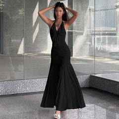 women's clothing summer new solid color slim high waist fashion halter neck sexy backless dress female