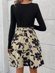 Round Neck Solid Color Long Sleeved T-shirt Paired With Lace Up Printed Mid Length Pleated Skirt, Women's Dress