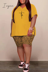 Ingvn - Yellow Casual Print Slit V Neck Plus Size Two Pieces