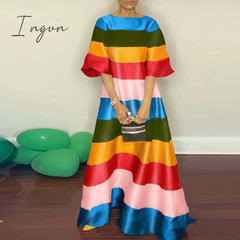Ingvn - Women Fashion O Neck Backless Maxi Party Dress Rainbow Striped Casual Long Dress Summer Female Short Sleeve Loose Pullover Dress