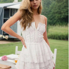 Sexy Sweet Women Lace Spliced White Sling Mini Dress Layers Cake Hem A-line Short Summer Dress Holiday Robe Cotton