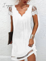 Ingvn - Women‘s Lace Dress A Line Dress Short Mini Dress Black Short Sleeve Pure Color Lace Spring Summer V Neck Elegant Loose 2023 S M L XL XXL XXXL / Party Dress