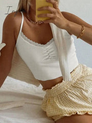 Ingvn - Womens Fashion Streetwear Lace Patchwork Summer White Tank Top Women Home Y2K Fashion Leisure Outfit Basic Casual Crop Tops Kawaii Clothes