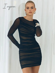 Ingvn - Autumn Long Sleeve Bodyc Mini Dress Women Stretch Mesh O Neck Ruched Dresses Sheer Backless Skinny Sexy Party Dress