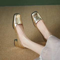 Chunky Heels Women's Casual Pumps Shoes Square Heels Women's Wedding Party Heels 35-40 Gold Solid Slip-On Women Heels Shoes