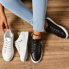 Chic Quilted Sneakers for Women - Comfortable Low-Top Design with Lace-Up Closure, Metallic Accent and Soft Sole for Casual Wear